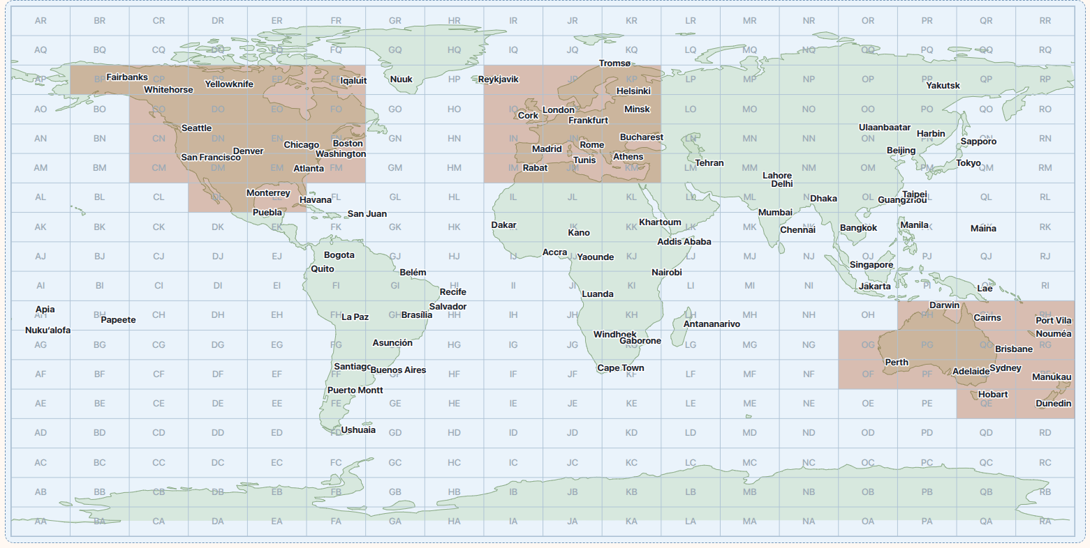 WSPR Matrix map showing selected destination areas for Oceania, Europe, and North America